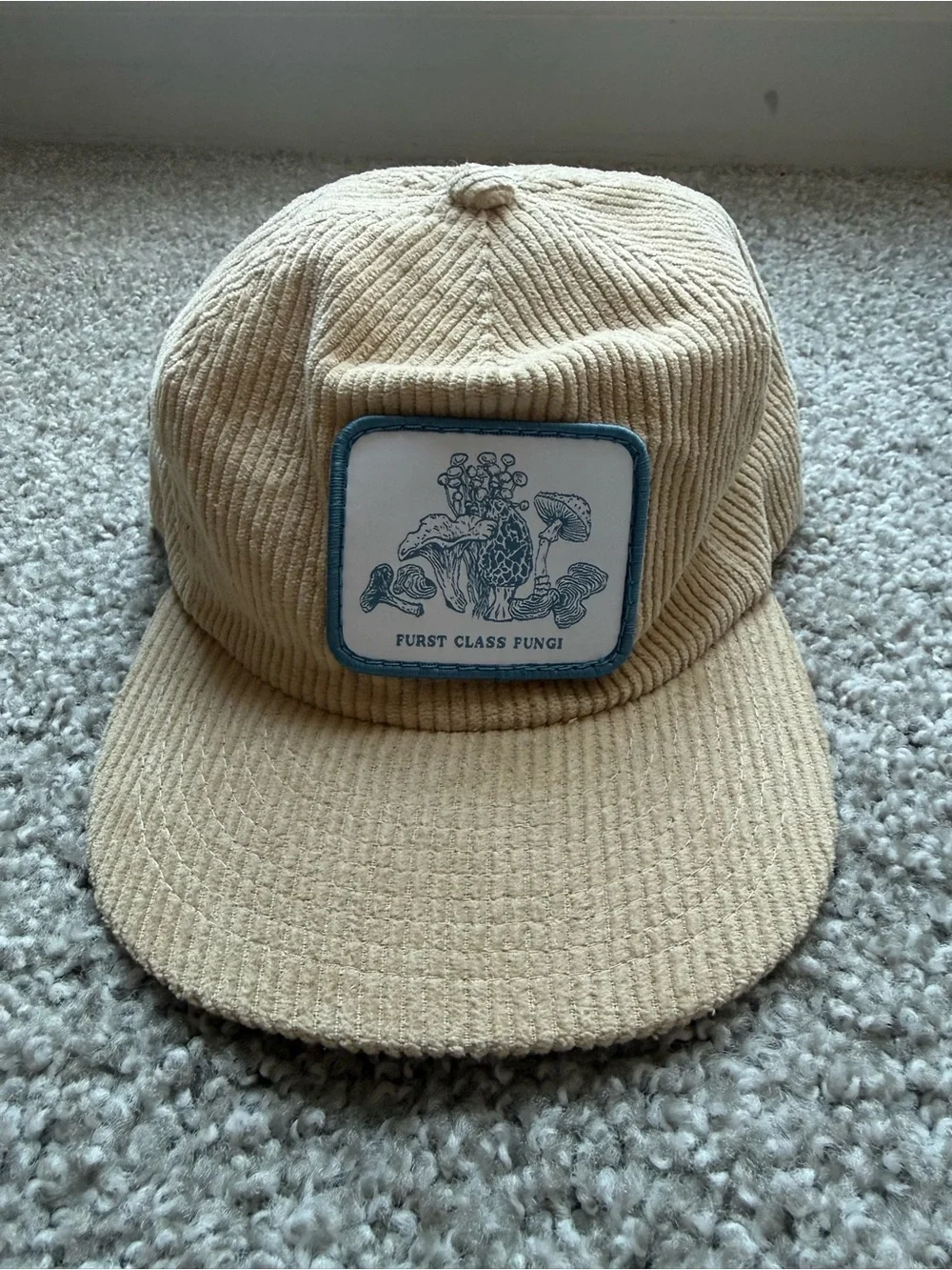 Beige Corduroy Cap with Mushroom Patch
